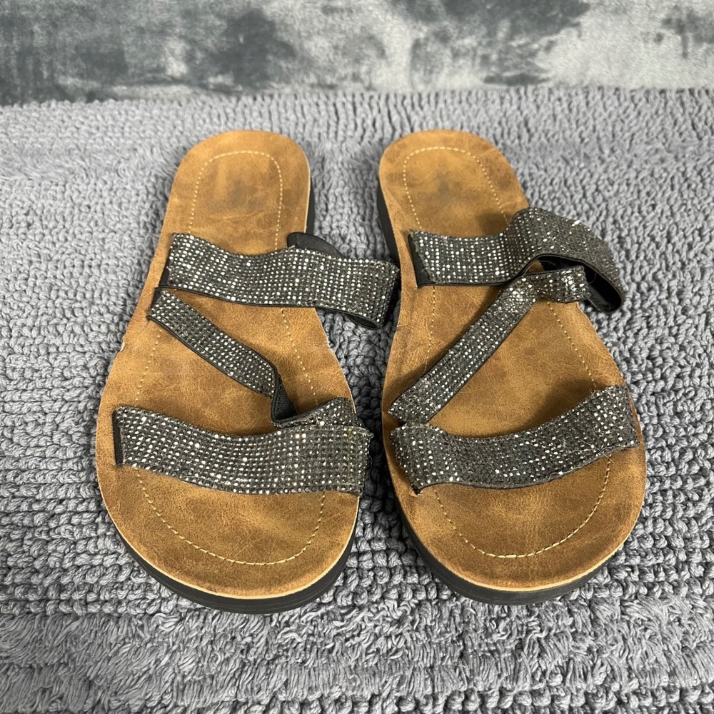 Corkys Womens Black Rhinestone Multi Strap Slide Sandals Size 9 Sparkly Flat